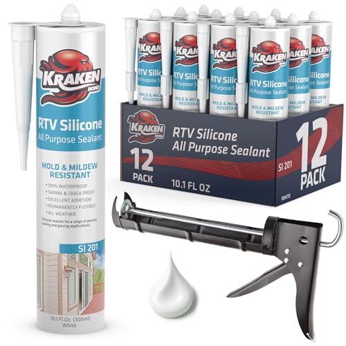 Kraken Bond White Silicone Sealant Waterproof% 100-10 fl oz Cartridge - RTV Silicone Caulk Kitchen and Bathroom, All Purpose, Window Caulking Sealant Outdoor Exterior Use Silicon, Gun Incl - 12 Pack - size: RTV Silicone White + Gun