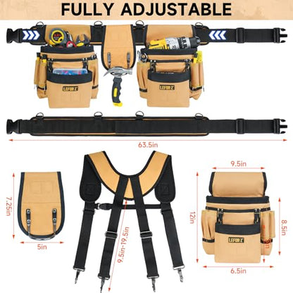 LEFOR·Z Tool Belt with Suspenders,27-Pockets Heavy Duty Tool Belts for Men - color: Brown/Black