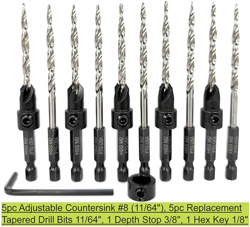 FTG USA 5 Pc #8 (11/64") Countersink Drill Bit Set with 5 Replacement Bits - size: #8