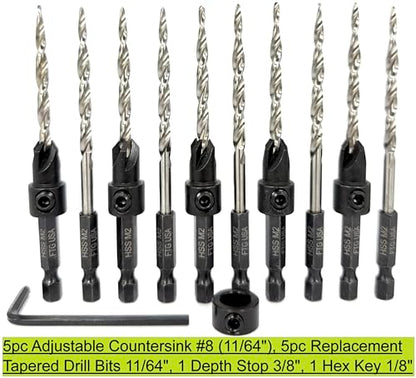 FTG USA 5 Pc #8 (11/64") Countersink Drill Bit Set with 5 Replacement Bits - size: #8