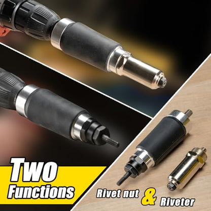 Rivet Nut Tool, Electric Drill Adapter Rivet & Rivet nut Two Functions Rivnut Tool Kit,Including 12 Rivet Nut Mandrels and 4 Rivet Heads