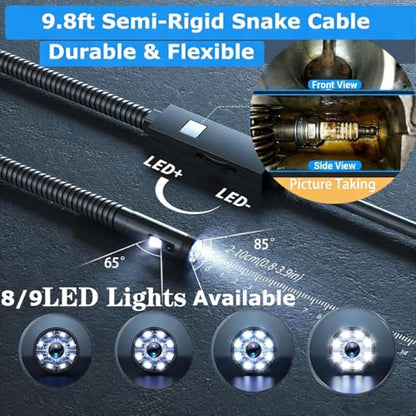 Endoscope Camera with Light, 1920P HD Borescope Camera with 9.8FT Semi-Rigid Snake Cable, 8 LED Lights IP67 Waterproof Inspection Camera for iPhone Android - style: Dual-Lens-9.8 FT