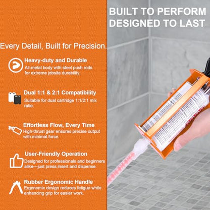 Epoxy Gun Dual Component 200ml – Manual 1:1 & 2:1 Ratio Adhesive Applicator for Epoxy, Urethane, Acrylic,High-Thrust 2-Part Adhesive Gun for Panel Bonding, Structural & Plastic Repair,Orange - size: 200 ml/215 ml (1:1, 2:1)