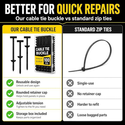 100 PCS Cable Tie Buckle, Nylon Universal Cable Tie Buckle Fasteners for Bumper, Fender Liner, Splash Shield, Auto Trim Panel Repair, Reusable Heavy Duty Automotive Retainer Clips with Storage Box