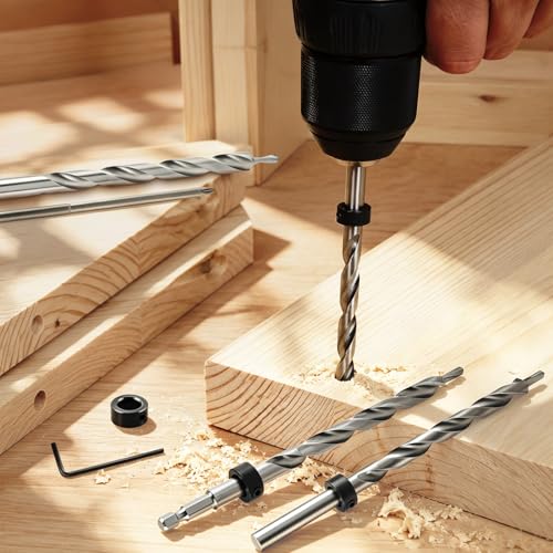 4 Pcs 3/8" Pocket Hole Drill Bit with Depth Stop Collars & SQ2 Screwdriver Bit Set, 1/4" Hex Shank & Round Shank Replacement Drills for Manual Pocket Hole Guide Jig Master System