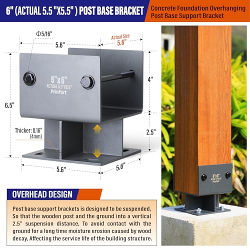 6"x6"(Actual 5.5"x5.5") Post Base Bracket Concrete U-Shape, Dry Set Concrete Post Anchor Bracket Heavy Duty 2Pack - size: 6"-Dry Set