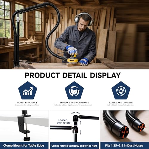 Dust collection boom arm, Adjustable Clamp Mount Hose Holder with 360° Rotatable Swivel Head & Two 40cm Extension Arms for CNC Lathe Woodworking Table Saw Router Table Dust Collection System