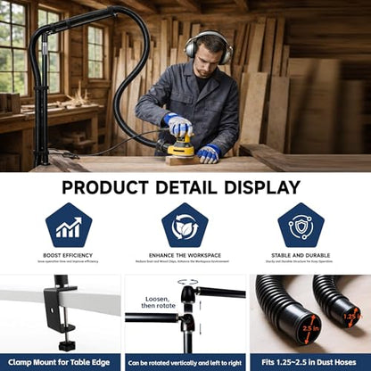 Dust collection boom arm, Adjustable Clamp Mount Hose Holder with 360° Rotatable Swivel Head & Two 40cm Extension Arms for CNC Lathe Woodworking Table Saw Router Table Dust Collection System