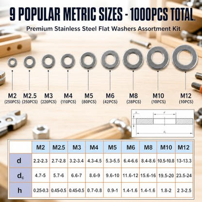 1000PCS Flat Washer Assortment Kit – Stainless Steel,9 Sizes (M2 M2.5 M3 M4 M5 M6 M8 M10 M12) for Screws, Bolts, Industrial, DIY, Furniture & Automotive Projects