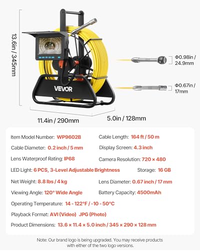 VEVOR Sewer Camera, 164 ft/50m, 4.3" Drain Inspection Camera, IP68 Waterproof Snake Plumbing Tool with Lights - 6 Adjustable LEDs, 4500mAh Battery & 16GB Card for Sewer Line Duct Pipes - size: 164ft/50m, style: 4.3'' Screen