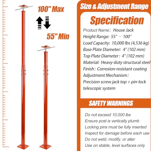 Adjustable House Jack Post, 55" - 100" Heavy Duty Steel Support Pole Jacks - color: Orange
