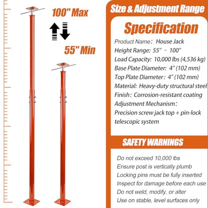Adjustable House Jack Post, 55" - 100" Heavy Duty Steel Support Pole Jacks - color: Orange