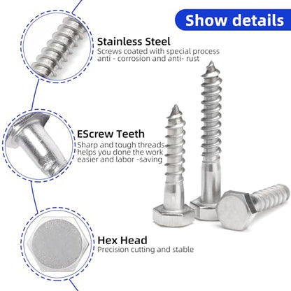 1/4 X 4 Hex Head Lag Screws Bolts, 304 Stainless Steel 18-8, Hexagon Head Wood Screws Hex Lag Screws, Pack of 10 - size: 1/4 X 4"