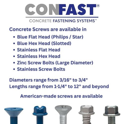 CONFAST 3/16" x 3-3/4" Hex Head Concrete Screw Anchor with Drill Bit for Anchoring to Masonry, Block or Brick (100 per Box) - size: 3/16" x 3-3/4"