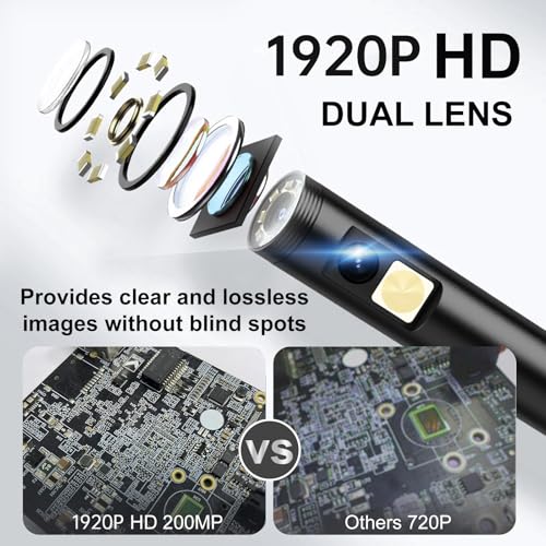 1920P HD Dual Lens Endoscope Camera Semi-Rigid Snake Cable IP67 Waterproof 8LED Lights Dimmable HD Industrial Pipeline Inspection Probe Compatible with Smartphones Endoscope Camera (16.4ft) - size: 16.4ft