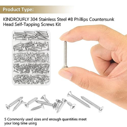 142 Pieces #8 x 1/2" 5/8" 3/4" 1" 1-1/4" Phillips Countersunk Head Self-Tapping Screws, Wood Screws Assortment Kit, 304 Stainless Steel - size: #8