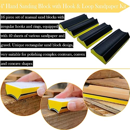 56 PCS Hand Sander Blocking Kit- 16 PCS Hand Sanding Block Set + 40 Sheet Hook & Loop Sandpaper Kit - Interchangeable Assorted Convex & Concave Shapes for Moldings, Baseboards, Woodworking