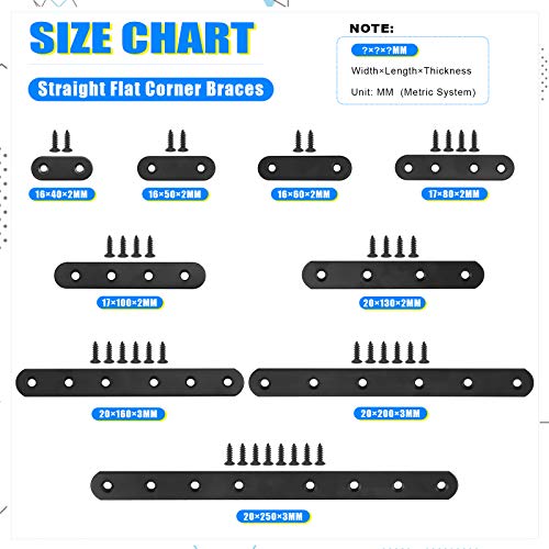 Glarks 15 Sets 100mm Flat Straight Corner Brace Black Metal Joint Plate Connector Repair Fixing Bracket with 65Pcs Screws for Wood Furniture (100x2mm) - size: 100x2mm