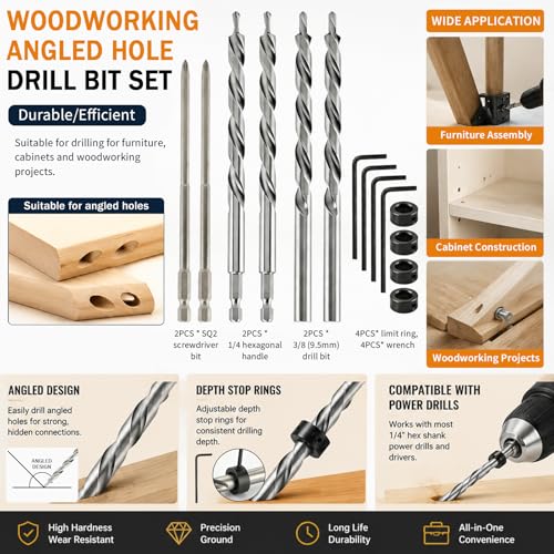 4 Pcs 3/8" Pocket Hole Drill Bit with Depth Stop Collars & SQ2 Screwdriver Bit Set, 1/4" Hex Shank & Round Shank Replacement Drills for Manual Pocket Hole Guide Jig Master System