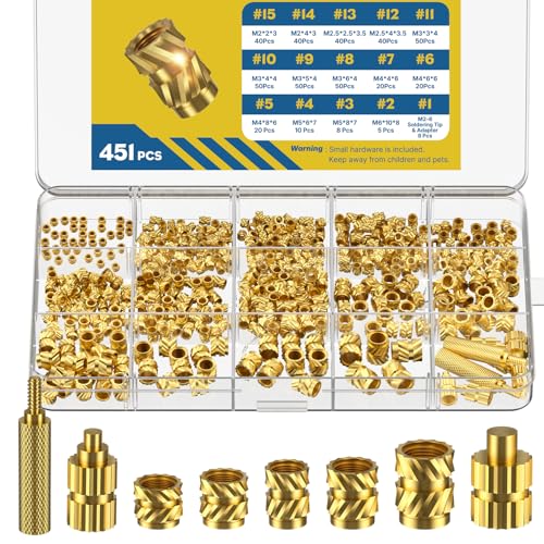 Vibit 451 Pcs Threaded Inserts for Plastic, M2 M2.5 M3 M4 M5 M6 Heat Set Inserts with Soldering Tip & Adapter, Brass Heat Inserts, Metric Knurled Nut Inserts Kit for 3D Printing Components - size: 451 Pcs (Threaded Inserts Ket)