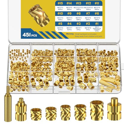 Vibit 451 Pcs Threaded Inserts for Plastic, M2 M2.5 M3 M4 M5 M6 Heat Set Inserts with Soldering Tip & Adapter, Brass Heat Inserts, Metric Knurled Nut Inserts Kit for 3D Printing Components - size: 451 Pcs (Threaded Inserts Ket)