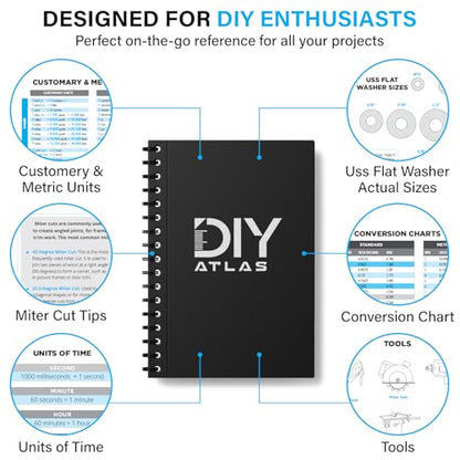 All-in-One DIY Project Notebook - Conversion Charts, Miter Angles, Bolt Sizes and Workshop Reference Guide - 120 Pages and 18 Laminated Reference Pages - Woodworking Planner