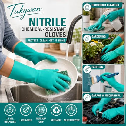 15 Mil Chemical Resistant Nitrile Gloves, Latex free Durable Cleaning Gloves, Resist Acid, Alkali, Solvent and Oil - color: 2 Pair-green, size: Medium