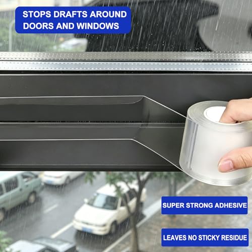 Window Sealing Tape 2 Inch x 33 Ft Transparent Window Insulation Waterproof Nano Draft Isolation Tape Clear Weather Stripping Caulk Tape for Window and Bathroom Shower Glass Side Gaps - style: 2 Inch × 33Ft