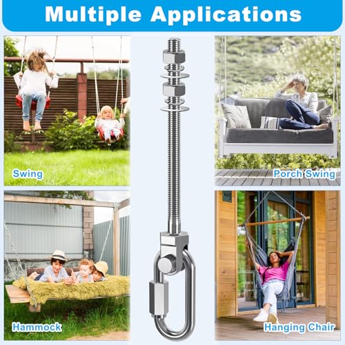 Dolibest Heavy Duty Swing Hanger, 304 Stainless Steel Swing Bolts w/Quick-Connect Carabiner, Swing Hook w/Dual-Screw Locking for Hammock, Yoga Swing, Porch Swing for Wood/Metal Beam-(M10X7'')-1500LB - color: M10X7''-4PCS