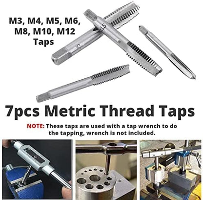 Thread Tap Tool Set, 7pcs Straight Flute Thread Tap Set Metric Screw Metric Thread Plug Taps Set M3, M4, M5, M6, M8, M10, M12 for Tapping Various Threads