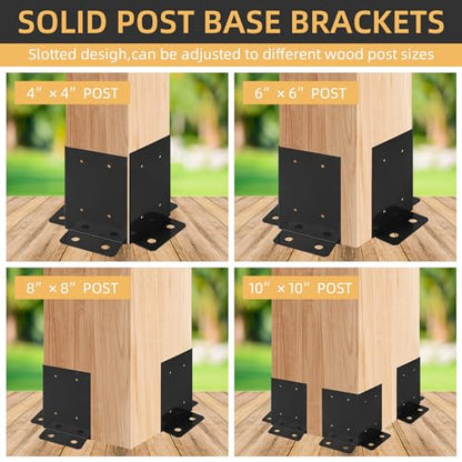 4Pcs Post Anchor Base, Deck Post Base, Black Powder-Coated Post Brackets, Heavy Duty Wood Post Brackets for Pergola Railing Mailbox Deck Fit 4x4, 6x6, 8x8 Post