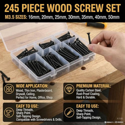 245 Pcs M3.5 Self Tapping Screws Flat Head Black Carbon Steel