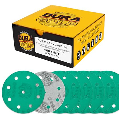 Dura-Gold 600 Grit 5" Green Film Sanding Discs, 9-Hole Pattern, Box of 50 - style: 600 Grit