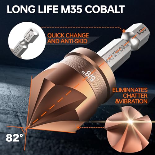 Countersink Drill Bit Set, M35 Cobalt HSS Countersink Drill Bits 6 Pieces 1/4 Inch Quick Change Hex Shank for Metal, Wood, Stainless Steel, Carbon Steel - size: M35 Cobalt