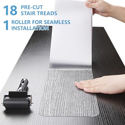 Butizone Non Slip Stair Treads 32"x4", Clear Anti Slip Strips for Wooden Steps Indoor, Transparent and Waterproof Grip Tape, Safety for Elderly and Dogs,18-Pack - size: 4" X 32"