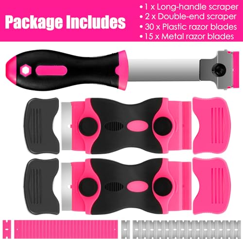 THINKWORK 3Pack Razor Blade Scraper with 45Pcs Blades, Pink - color: Upgrade Scraper-3pack+45pcs