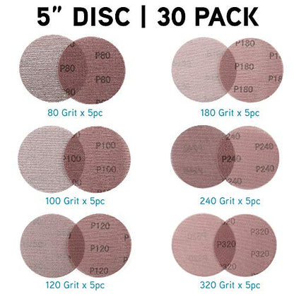 LotFancy 5 Inch Mesh Abrasive Sanding Discs, 30PCS 80 100 120 180 240 320 Grit Dust Free Sandpaper Assortment for Car, Woodworking - Hook and Loop Random Orbital Sander Round Sand Paper - style: Pack of 30