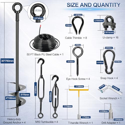 Shed Anchor Kit, All-Black Ground Anchor w/Wire Rope & Fasteners