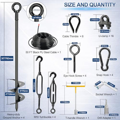 Shed Anchor Kit, All-Black Ground Anchor w/Wire Rope & Fasteners