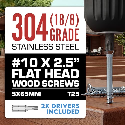 #10 x 2 1/2 Inch Stainless Steel Deck Screws | 304 Grade (1750 Pack) | Flat Head T25 Star Torx Drive | Stainless Steel Screws by Eagle Claw Fasteners | Corrosion & Rust Resistant (2 Drivers Included) - size: #10 x 2.5"