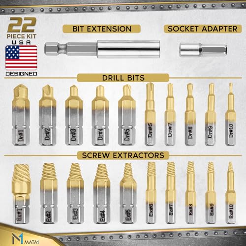 Titanium Screw Extractor Set for Stripped, Broken, Damaged Screws - 22 pc, Silver & Gold - Remover Kit with Drill Bits, Extractors, Bit Extension & Socket Adapter