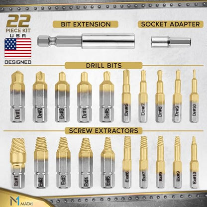 Titanium Screw Extractor Set for Stripped, Broken, Damaged Screws - 22 pc, Silver & Gold - Remover Kit with Drill Bits, Extractors, Bit Extension & Socket Adapter