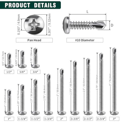 #10 x 1-1/4" Pan Head Self Drilling Screws, Phillips Drive, 410 Stainless Steel Sheet Metal Screws,Self Tapping, Dovetail, Pack of 100 - size: #10 x 1-1/4"