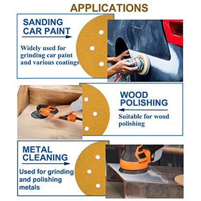 6-Inch 6-Hole Hook and Loop Gold Sanding Discs 60-Grit, 100-Pack