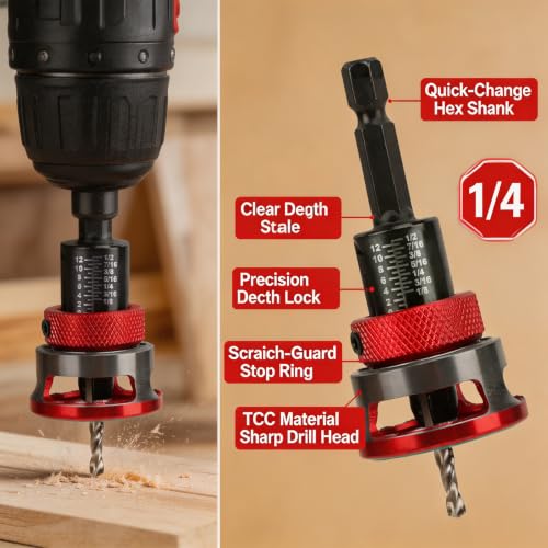 Countersink Drill Bits Set, Adjustable Depth Stop Collar, 5 HSS Wood Countersink & Counterbore Bits (1/8"–3/16") with Hex Shank, Countersink Bit with Wrench for 82 Degree Woodworking, Plywood and DIY