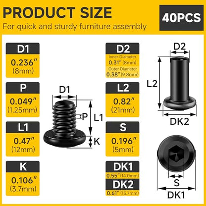 Mywish M8 x 12mm 20Set Flat Head Hex Socket Cap Screws Bolts with Barrel Nuts, 304 Stainless Steel Furniture Bolts Full Thread, Black Oxide & Hex Spanner - color: Black-M8+Nuts, size: 12mm