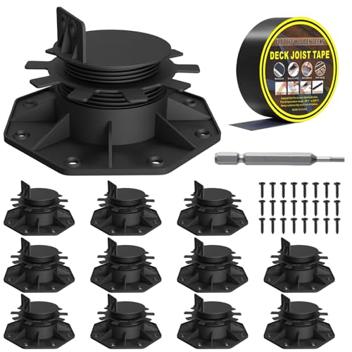 Deckit 12-Pack Adjustable Deck Support Pedestals, 1.18"–2.36" (30–60 mm), for 2×4 & 2×6 Joist Framing, Ground Support & Leveling for Patio, Shed Base & Floating Deck, Includes Joist Tape - size: 12 PACK+1Joist tape