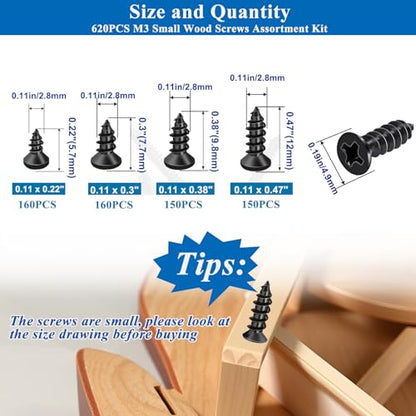 620PCS M3 Small Wood Screws Assortment Kit, Phillips Flat Head Self-Tapping Short Black Screws, Assorted Cabinet TV Mounting Screws for Furniture Maintenance DIY Tech (6/8/10/12mm) - size: 620pcs-4 SIZES
