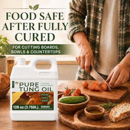 128oz 100% Pure Tung Oil, Food Safe Waterproof Wood Finish with Easy Cloth - size: 128 Fl Oz
