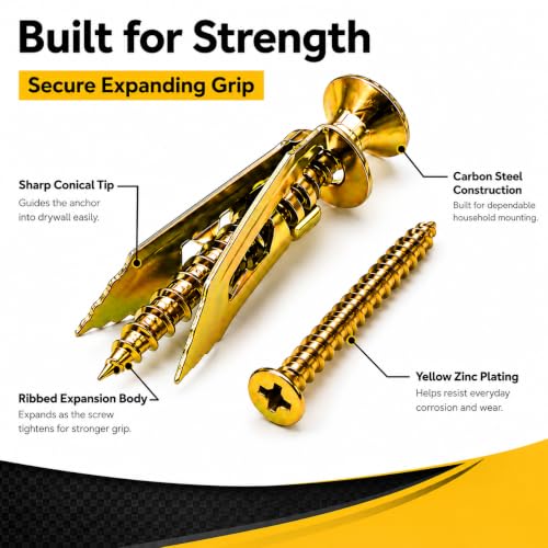 Jyphorixal 120 PCS Self Drilling Drywall Anchors with Screws Kit, Heavy Duty Metal Wall Anchors for Drywall, Sheetrock Anchors 0.47x1.57inch with Screws, No Drill Dry Wall Anchors and Screws Kit - size: Yellow 120Pcs 0.47X1.57inch
